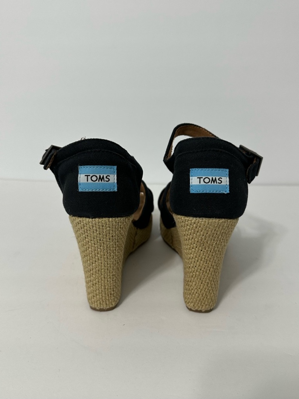 Toms Sandals 8W Black Ankle Strap Espadrille Wedge Strappy Boho Resort Coastal - Picture 6 of 10